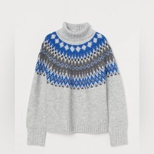 H&M - Jacquard Knit Light Gray Mélange Patterned Turtleneck Sweater Size XS